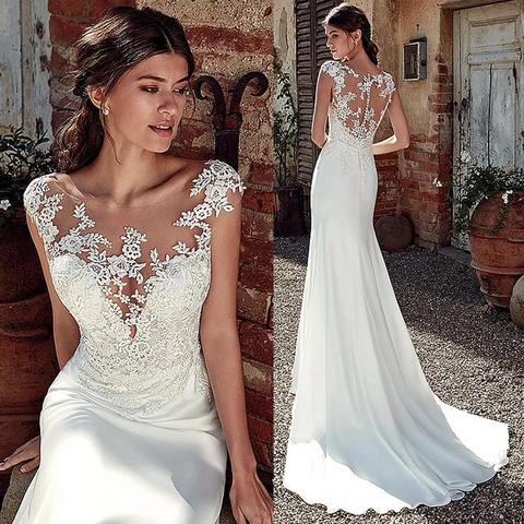 Women's Lace Wedding Dress Mermaid Slim Fit Strapless Evening Gown With Small Train Polyester Satin Bridal Dress For Banquet