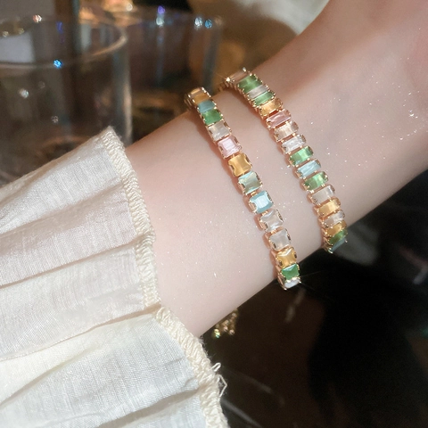 Colorful Zircon Adjustable Bracelet Gold Plated Copper Rectangular Geometric Jewelry For Women Fashion Accessory