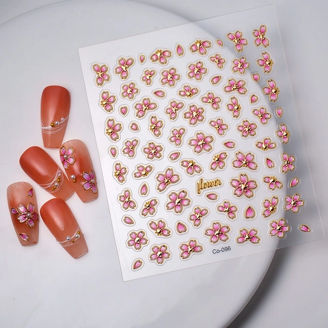 Autocollants Ongles 5D Relief Imperméables Auto-Adhésifs Bronzage Or Sakura Floral Papillon Design Vintage