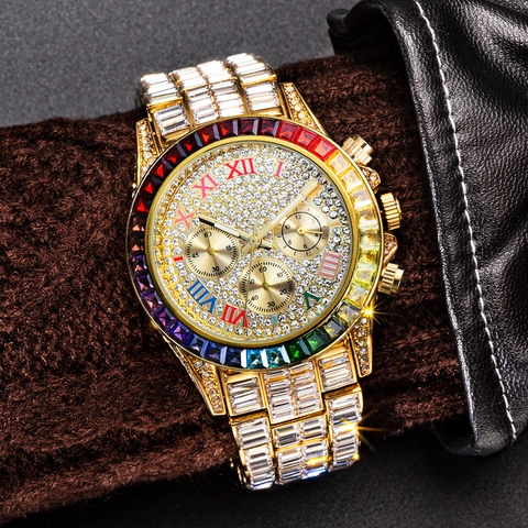 Luxury Men Quartz Watch Gold Plated Iced Out Full Rhinestone Three Eye Chronograph Waterproof Fashion Wristwatch