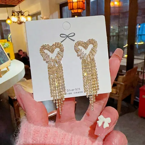 Orecchini a Nappa a Cuore in Zirconia per Donna Perno in Argento Sterling 925 Lunghi Orecchini Pendenti in Rame Gioielli