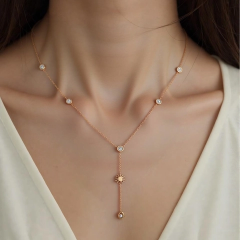 Collier En Forme De Y Acier Inoxydable Zircon Plaqué Or Longue Chaîne De Pull Gland Étoile Lune Pour Femmes