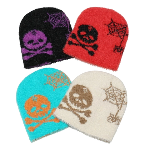 Bonnet Beanie Tricoté Tête De Mort Toile D'araignée Faux Mohair Style Gothique Punk Chaud Hiver Halloween Unisexe