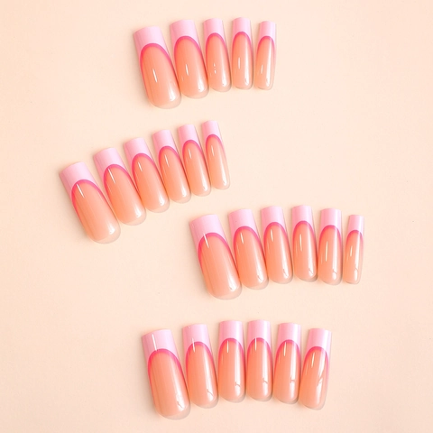 Uñas Postizas Cuadradas Largas Estilo Francés Rosa Doble Línea Desmontables Cobertura Completa Para Mujeres Manicura