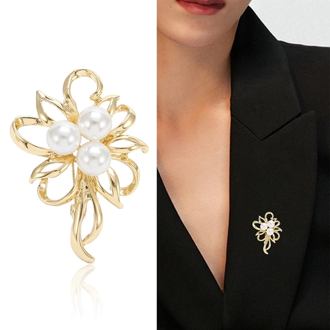 Elegante Broche de Flor de Aleación con Perla Artificial Delicado Diseño de Cinta Floral Accesorios de Traje de Moda para Mujer Boda Banquete Regalo