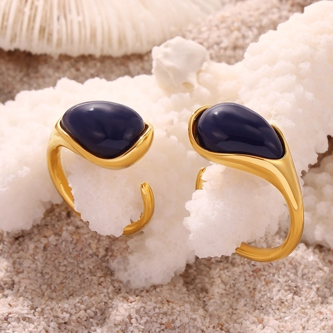 Vintage Titanium Steel Open Ring For Women Dark Blue Resin Water Drop Adjustable Gold Plated Minimalist Fashion Finger Ring