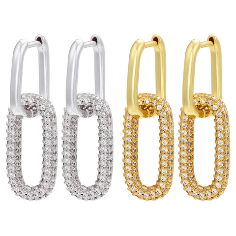 Orecchini a Cerchio Rettangolari Geometrici in Rame Moderni da Donna con Strass Micro Intarsiati Doppia Maglia Catena Gioielli Regalo