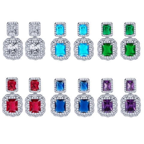 Boucles D'oreilles Pendantes Rectangles Laiton Pierre Synthétique Double Halo Zircon Élégant Vintage Bijou Pour Femmes