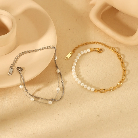 Braccialetto da Donna di Lusso a Doppio Strato in Acciaio Inossidabile e Perle Artificiali Versatile Oro Argento Gioielli