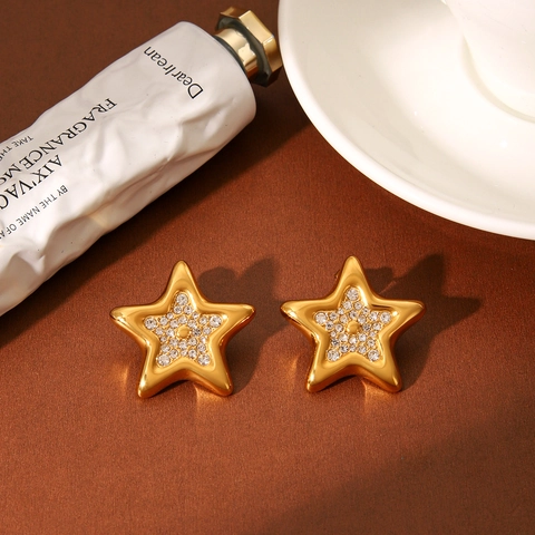 Gold Plated Stainless Steel Star Shaped Stud Earrings With Sparkling Zirconia Inlaid Elegant Trendy Jewelry For Women