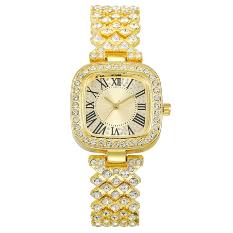 Orologio al Quarzo da Donna Quadrato di Lusso Cassa in Lega con Strass Cinturino in Metallo Quadrante con Numeri Romani Orologio da Polso