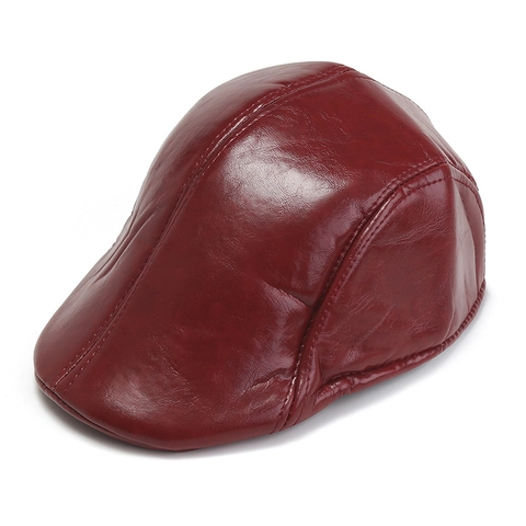PU Leather Flat Cap Vintage British Style Ivy Hunting Hat Solid Color Beret For Men Women Unisex Accessory