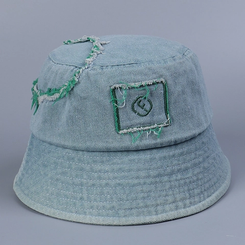 Unisex Denim Bucket Hat With Letter Embroidery Frayed Edges Sun Protection Adjustable Korean Style Streetwear Retro