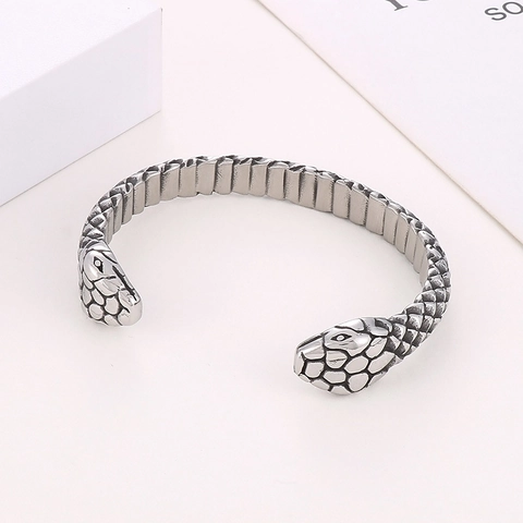 Stainless Steel Double Snake Head Open Bangle Retro Vintage Punk Hip Hop Adjustable Cuff Bracelet Unisex Jewelry