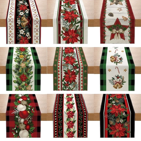 Christmas Table Runner Linen Texture Poinsettia Pine Cones Printed Festive Dining Table Decoration Home Party Holiday