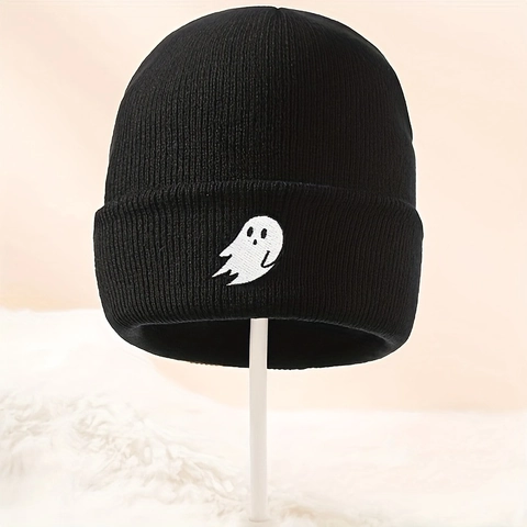 Cute Ghost Embroidered Beanie Hat Acrylic Knit Warm Winter Outdoor Halloween Costume Accessory Unisex
