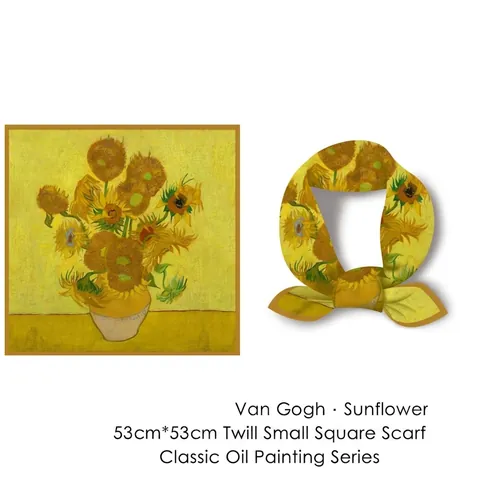 Artistic Women Van Gogh Sunflower Oil Painting Pattern Satin Square Scarf Silk Like Feel Versatile Decorative Neck Wrap