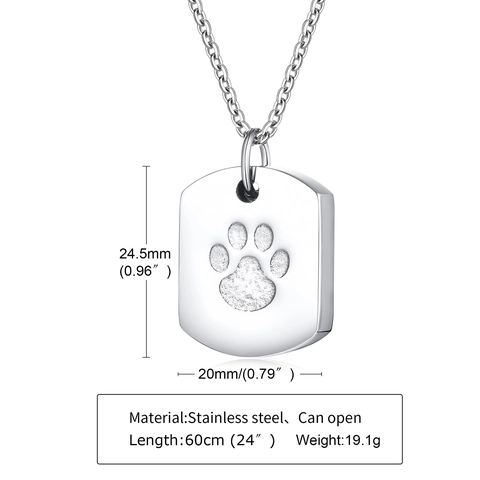 Stainless Steel Pet Urn Necklace For Ashes Dog Paw Print Cremation Jewelry Openable Pendant Memorial For Men