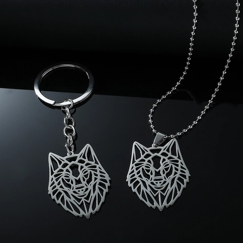 Collier Pendentif Tête De Loup Et Porte Clés Géométrique Creux Acier Inoxydable Bijoux Pour Hommes
