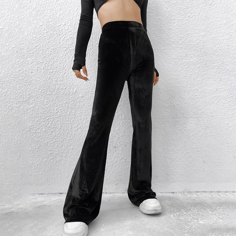 Damen Samt Schlaghose Mit Hoher Taille Slim Fit Lässige Lange Hose Schwarz Elegant Flare Pants