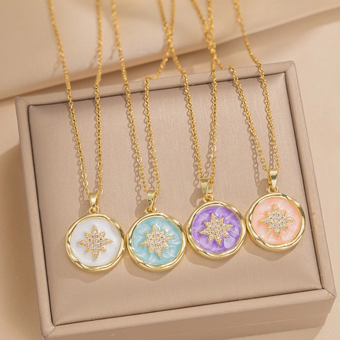 Eight Point Star Pendant Necklace Titanium Steel Shell Enamel Zircon Geometric Round Fashion Jewelry For Women