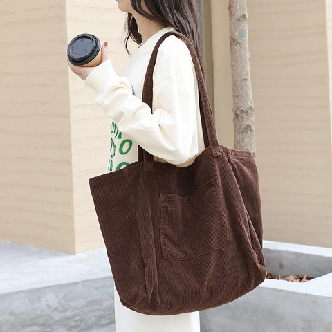 Corduroy Tote Bag Large Capacity Retro Solid Color Underarm Shoulder Handbag For Women Casual Daily