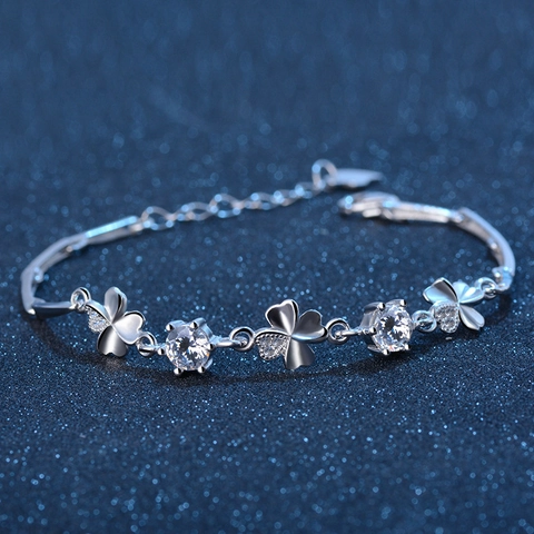 Pulsera De Trébol De Plata De Ley 925 Zircón Redondo Piedra Preciosa De Color Joyería De Suerte Para Mujeres Ajustable