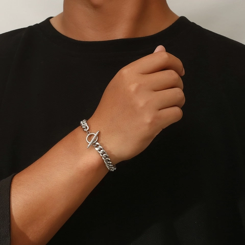 Titanstahl Panzerkette Armband Für Herren Silber Poliert Metallkette Schmuck Mit T-Bar OT Verschluss Minimalistisches Zubehör