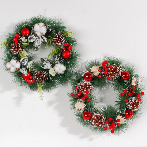 Corona Di Natale Artificiale Con Aghi Di Pino Pigne Fiori Argentati Bacche Bianche Glitter Decorazione Da Appendere Invernale