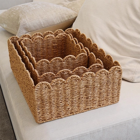 Handmade Paper Rope Woven Storage Basket With Scalloped Edge For Home Desktop Sundries Toys Organization Nordic Natural