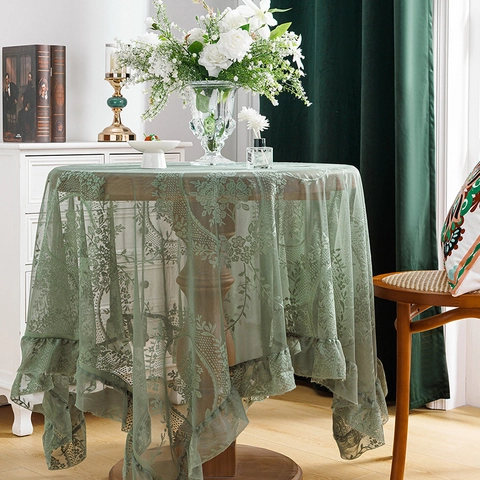 Vintage Lace Tablecloth Floral Ruffled Edge Hollow Out Polyester Decorative Table Cover For Dining Room Coffee Table