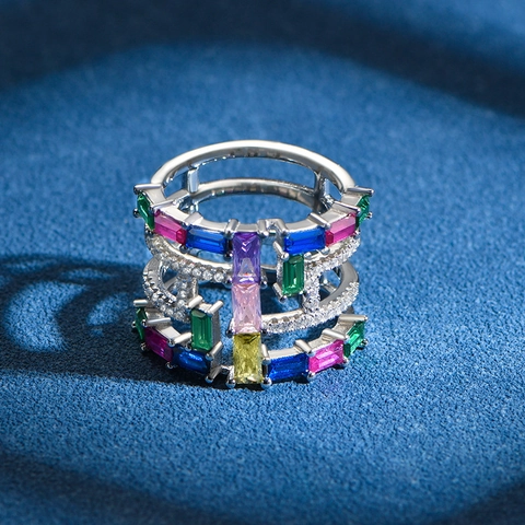Luxury 925 Sterling Silver Colorful Zirconia Ring For Women Multi-layer Geometric Wide Band Hollow Inlaid Finger Ring Jewelry