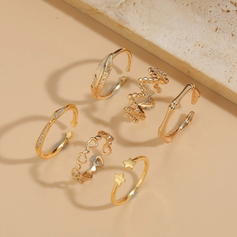 Bagues Ouvertes Ajustables Cuivre Zircon Cœur Plume Bambou Étoile Plaqué Or Bijoux Mode Femmes