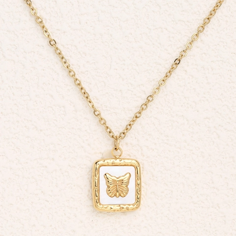 Conjunto de Joyas de Acero Inoxidable Con Relieve de Mariposa Nácar Colgante Cuadrado Collar Pulsera Pendientes para Mujer