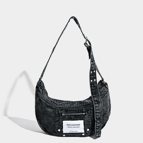 Washed Denim Hobo Bag Retro Crescent Shoulder Bag With Metal Eyelet Adjustable Strap Casual Y2K Style Women