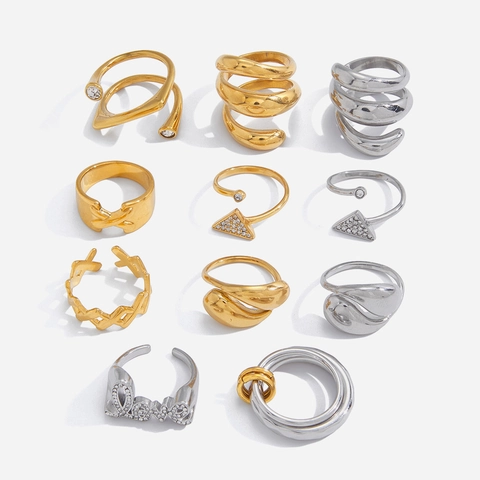 Stainless Steel Rhinestone Open Ring For Women Waterproof Hypoallergenic Geometric Spiral Love Letter X-Shape Jewelry