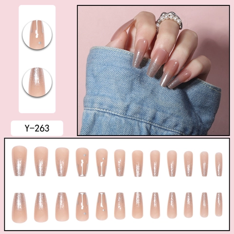Faux Ongles Longs Coffin Dégradé Paillettes Rose Nude Et Argent Métal Liquide Décoratif Pour Femmes