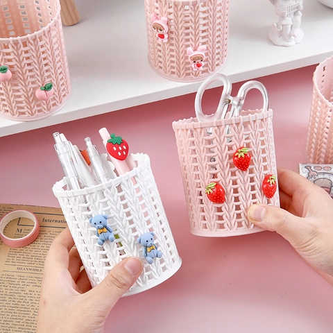 Kawaii Pen Holder Plastic Woven Texture Desktop Organizer Round Cute Fruit Animal Charms For Office School Students