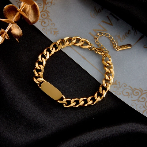 Minimalistische Roestvrij Staal Schakelketting Armband Voor Dames Goud Zilver Verguld Rechthoekige ID Tag Heavy Metal Sieraden