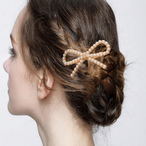 Elegant Bowknot Hair Clip Alloy Rhinestone Faux Artificial Pearl Spring Barrette Ponytail Styling Accessory For Women Girls