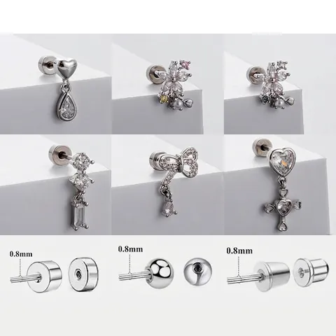 Zircon Bow Heart Flower Stud Earrings Titanium Steel Screw Back Cartilage Piercing Jewelry For Women