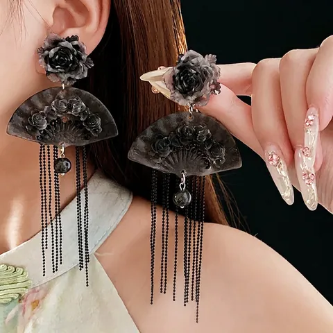Retro Rosenblume Fächerform Lange Quastenohrringe Mit Silberohrstecker Legierung Harz Vintage Stil Für Damen