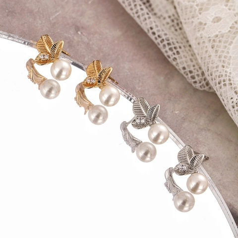Piccoli Orecchini a Bottone in Rame a Forma di Foglia Con Perno in Argento Sterling 925 Perla Artificiale Intarsio di Strass Gioielli Eleganti per Donna