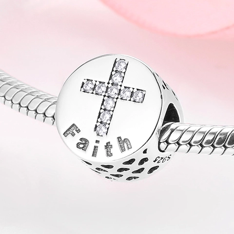 Perline Charm Croce in Argento Sterling 925 Con Strass Incise Sette Virtù Perline Tonde Per Braccialetto Fai Da Te Gioielli Donna