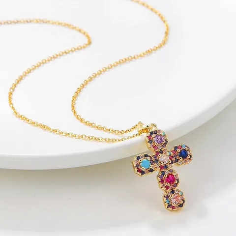 Cross Pendant Necklace Gold Plated Titanium Steel Colorful White Cubic Zirconia Religious Minimalist Jewelry For Women