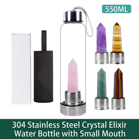 Natural Crystal Energy Water Bottle Gemstone Hexagonal Point Healing Pillar Glass Drinking Vessel 304 Stainless Steel Lid