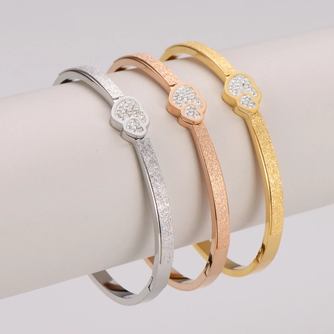 304 Stainless Steel Double Heart Bangle For Women Frosted Sandblasted Rhinestone Inlaid Open Hinge Fashion Jewelry Gift