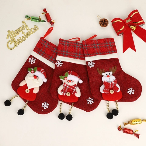 Christmas Stockings Gift Candy Bags Burlap Fabric With Plush Santa Snowman Elk Dolls Hanging Holiday Party Decorations