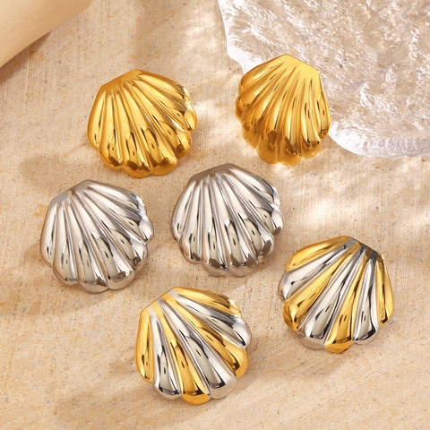 Stainless Steel Shell Stud Earrings Fashion Beach Vacation Jewelry For Women Gold Silver Two Tone Style