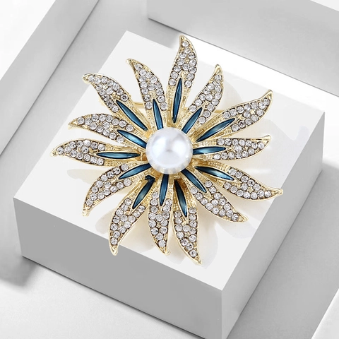 Broche De Girasol Para Mujer Aleación Diamantes De Imitación Esmalte Azul Perla Artificial Grande Retro Elegante Pin De Lujo